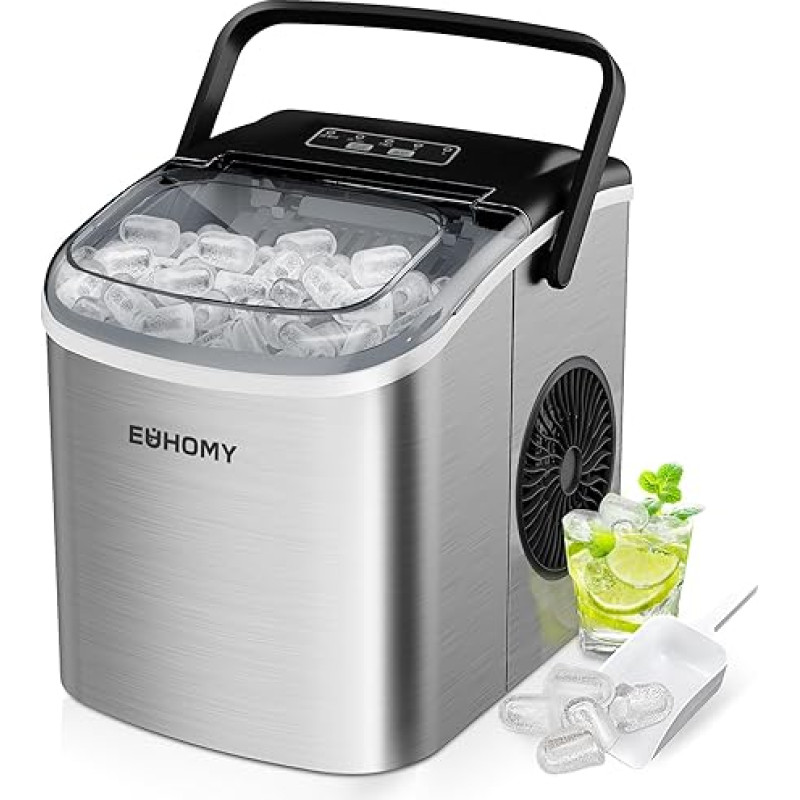 EUHOMY ledo kubelių gaminimo įrenginys 12 kg/24 h, 9 kubeliai per 6 minutes, savaime išsivalantis, su rankena, lopetėle ir krepšeliu, nerūdijančio plieno, 45 dB, sidabrinės spalvos