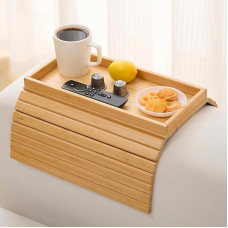 Bamboo Sofa Armrest Tray, Foldable Sofa Table, Couch Armrest Tray, Non-Slip Chair Table, Coffee Drink Holder for Snacks, Phone, Remote Control, Cups, Drinks