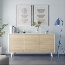 Dmora - Arvada Sideboard Modern Sideboard with 3 Doors and Shelves, Kitchen Buffet, Living Room Design Buffet, cm 154 x 40h75, Glossy White and White