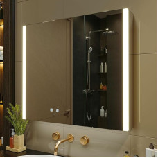 KWW LED apšviesta vonios kambario medicinos spintelė su veidrodžiu, reguliuojama spalvų temperatūra, reguliuojamos šviesos nuo rūko, USB lizdai (2 durys - 80 x 70)