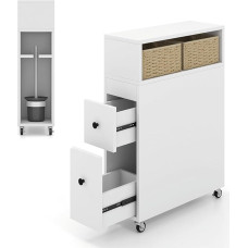 FANTASK Nišos vežimėlis su ratukais, 50 x 19 x 72 cm stalčiai, pinti krepšiai ir šepetėlių laikikliai, nišos spintelė, vonios kambario spintelė, siaura tualeto spintelė, laisvai pastatoma