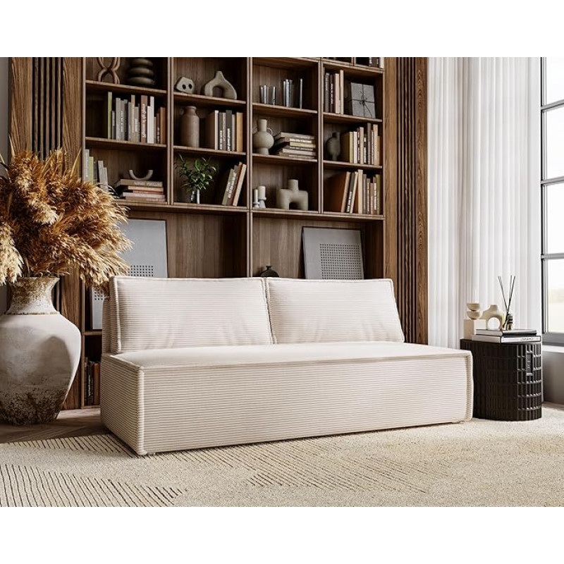 Kaiser Möbel - Sofa su miego funkcija ir lovos dėže, dvivietė sofa, sofa lova su patalynės dėže, sulankstoma sofa, sofa lova, patogi sofa svetainei, miegamajam ir paauglių kambariui, Duo, smėlio spalvos