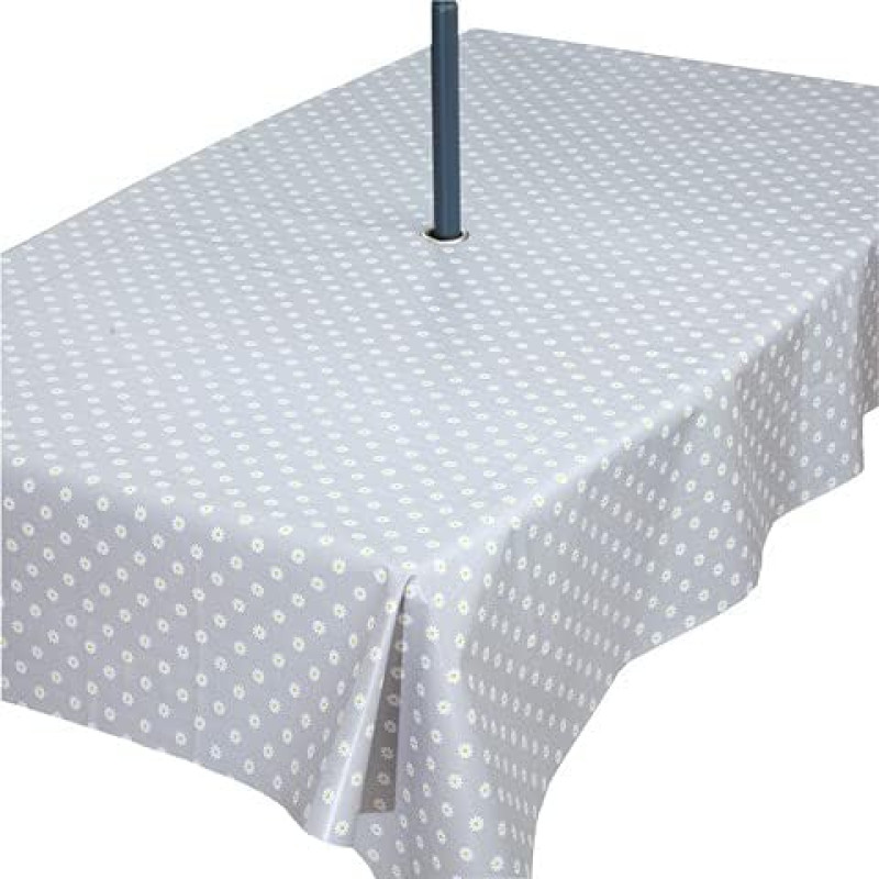 PVC-Tischdecke, abwischbar, wasserdicht, für den Garten, mit Edelstahl-Sonnenschirmloch in schönem grauem Gänseblümchen-Design, rechteckig, 200 x 140 cm