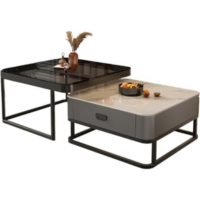 Couchtisch-Set mit Stauraum und Schublade, Tischplatte aus gehärtetem Glas und Metallrahmen für Wohnzimmer