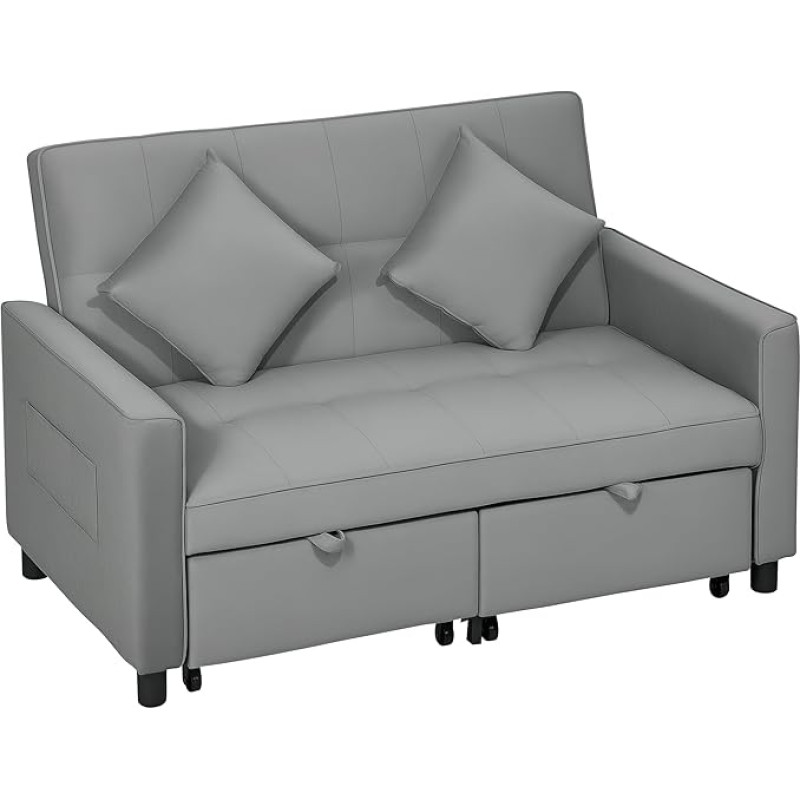 HOMCOM sofa lova, 2 vietų sofa su miego funkcija, reguliuojamu atlošu, sofa su pagalvėlėmis, aksominė išvaizda, L formos sofa lova su lovos dėže, ratukai svetainei, svečių kambariui, pilka
