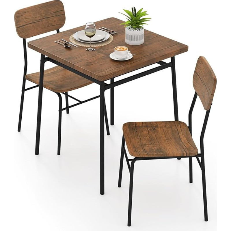 GIANTEX valgomojo stalas su 2 kėdėmis, 70 x 70 cm, 70 x 70 cm, virtuvės stalas, valgomojo stalas su lentynėle, metalinio rėmo valgomojo grupė, virtuvės baro sėdimųjų vietų rinkinys (kaimiškai ruda)