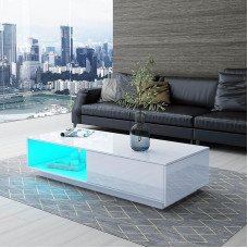 LED kavos staliukas svetainei, modernus medinis staliukas, baltas blizgus kavos staliukas su 1 stalčiumi ir atvira lentyna namų biurui