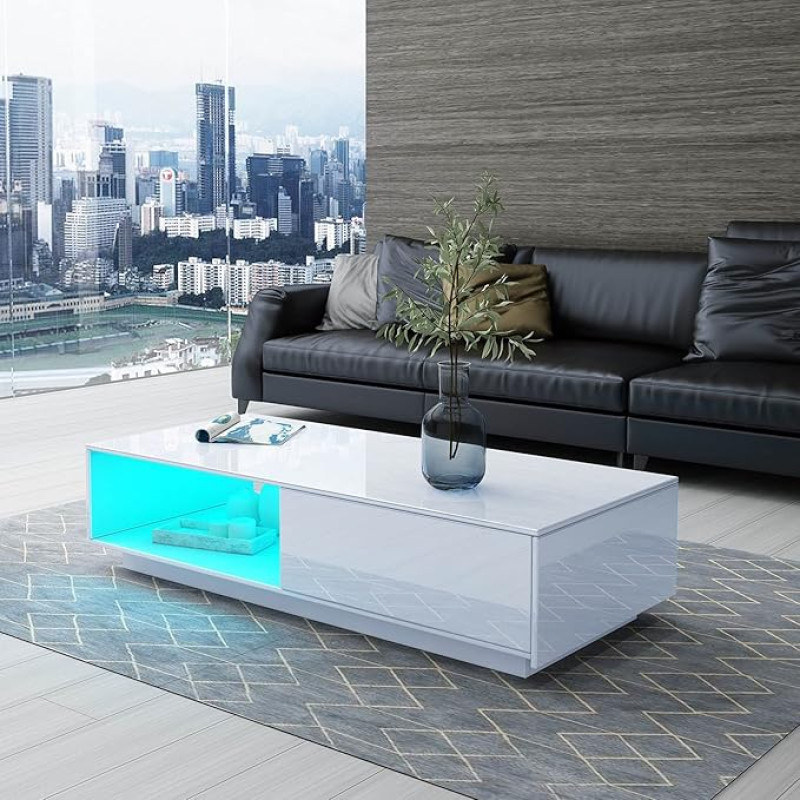 LED kavos staliukas svetainei, modernus medinis staliukas, baltas blizgus kavos staliukas su 1 stalčiumi ir atvira lentyna namų biurui