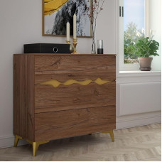 FORTE Kenyatta Chest of Drawers 80 90, Elegant Chest of Drawers with 3 Drawers, Modern Sideboard with Gold Details, Wood Composite, Colonial Oak Wood Decor/Gold, 89.9 cm Wide x 85.8 cm High x 41.3 cm