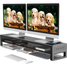 (2 Tier) Dual Monitor Support Wireless Charging and 4 USB Ports Metal Monitor Stand for Data Transfer and Charging Ideal for Computer Monitors