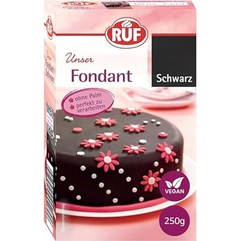 RUF Fondantas juodas, tinka figūroms, gėlėms ir raidėms formuoti, modeliavimo fondantas, valcuotas fondantas, be palmių aliejaus, be glitimo ir veganiškas, 250 g (1 pakuotė)