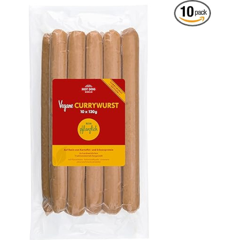 HOT DOG WORLD - veganiška kario dešra iš bulvių ir žirnių baltymų, 120 g, 10 vnt., veganiška, aukščiausios kokybės, amatininkų gamybos
