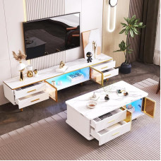 Televizoriaus staliukas ir sofos komplektas, šviesus, Spanplatte, Marmormuster, gehärtetes Glas, goldene Griffe, LED-Beleuchtung, 170x37x47,5cm ir 100x50x40cm