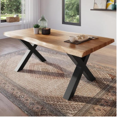 Valgomojo stalas 160 x 85 cm, akacijos medžio masyvas, natūralios spalvos stalviršis, natūralios medienos drožlės, X formos rėmas, juodas