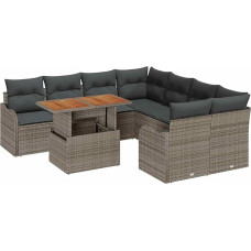 9-teiliges Garten-Sofa-Set mit Kissen Grau Poly Rattan Akazie, 2-Sitzer Garten-Sofa mit Kissen Grau Poly Rattan Gartenlounge Modelis3349439