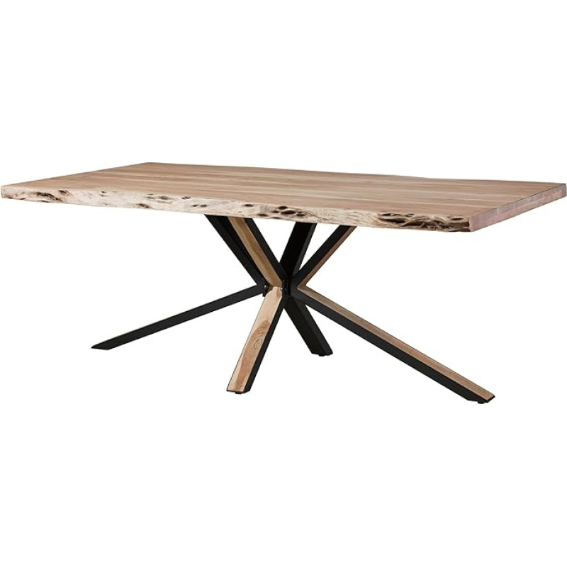 MASSIVMOEBEL24.DE Laisvos formos valgomojo stalas iš medžio masyvo #0113, akacijos mediena - smėlio spalvos, lakuota, 240 x 100 x 77 cm, metalinės ir masyvios akacijos kojos, medžio masyvo valgomojo stalo medžio briaunos