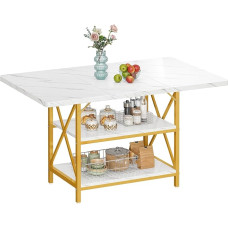 DWVO Valgomojo stalas 47,2 colio stačiakampio formos valgomojo stalas, skirtas 4 sėdimoms vietoms, modernus virtuvės stalas, baltas marmurinis valgomojo stalas su laikymo skyriumi ir auksinėmis metalinėmis kojomis, skirtas namams, butui, balta ir auksinė 