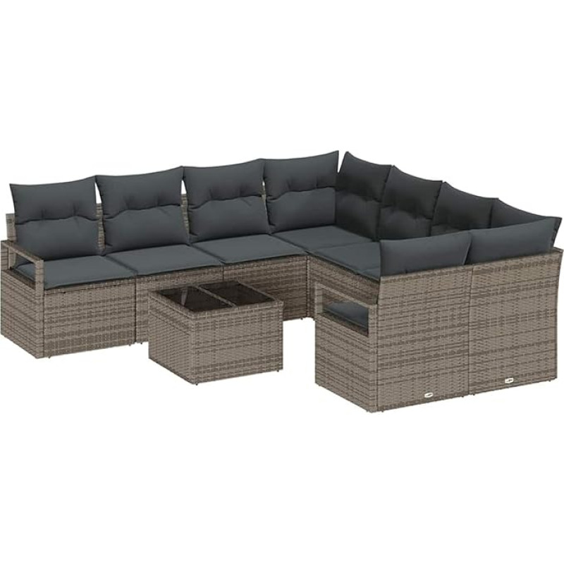 9-teiliges Garten-Sofa-Set mit Kissen Grau Poly Rattan, 2-Sitzer Garten-Sofa mit Stauraum & Kissen Grau Poly Rattan Gartenlounge Modelis3354988