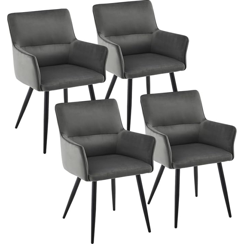 CLIPOP valgomojo kėdės, 4 vnt., aksominės virtuvės kėdės, minkštos kėdės su porankiais ir metalinėmis kojelėmis, retro dizaino porankiai, svetainės, valgomojo kėdės (4 vnt., aksominė pilka)
