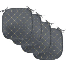 ABAKUHAUS Fleur De Lis Dining Chair Cushion, Floral Checkered Decorative Waterproof Cushion with Straps for Kitchen Seats, 40 cm x 40 cm, Pack of 4, Grey Pale Yellow