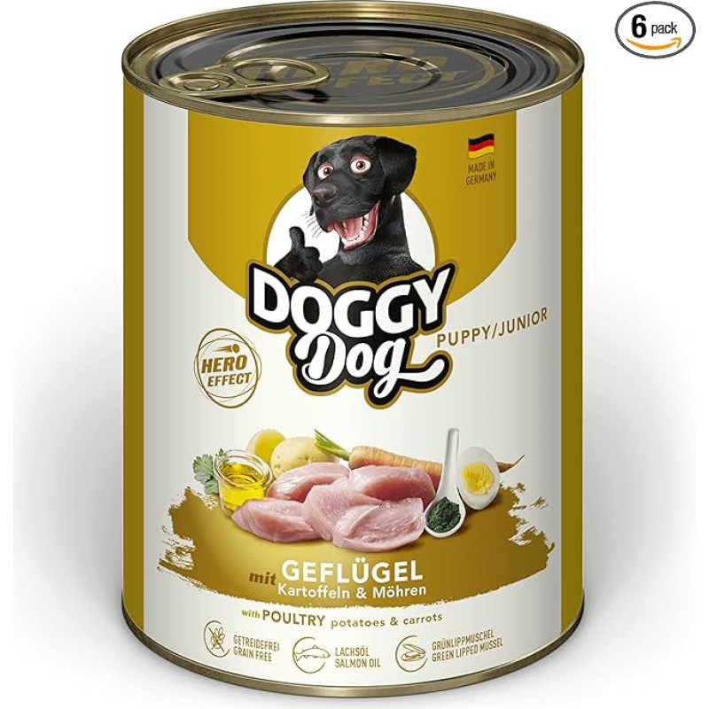 DOGGY Dog Paté Poultry Puppy/Junior, 6 x 800 g, drėgnas ėdalas jauniems šunims, šunims skirtas ėdalas be grūdų, su lašišų aliejumi ir žaliosiomis midijomis, maistas šunims su bulvėmis ir morkomis, pagamintas Vokietijoje