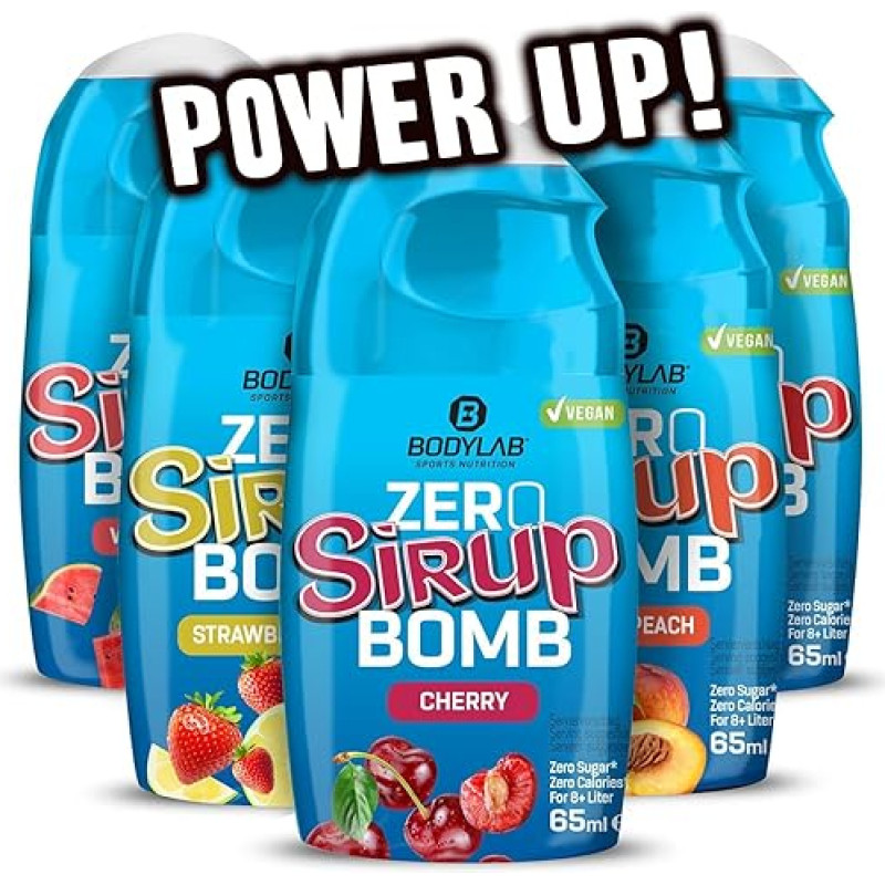 Bodylab24 Zero Syrup Bomb, 5 x 65 ml, maišyta dėžutė, be cukraus, praktiškai be kalorijų, tik 1 kcal 100 ml, vandens ir sirupo mišinys, labai koncentruotas, 8 l gėrimo, idealiai tinka sportui, kasdieniam naudojimui