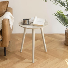 AWASEN Apvalus galinis staliukas, modernus nedidelis šoninis staliukas svetainei, medinis akcentinis gėrimų staliukas nedidelei erdvei su medžio masyvo kojomis, lengvai surenkamas, kaimiškas baltas ąžuolas