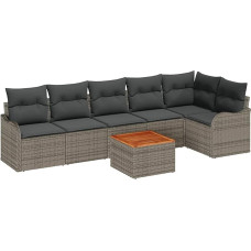 7-teiliges Garten Sofa Set mit Kissen Grau Poly-Rattan Akazie, 2-Sitzer Garten Sofa mit Stauraum & Kissen Grau Poly-Rattan Gartenlounge Model3356130