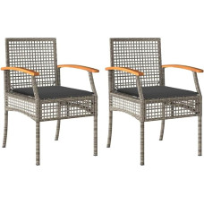 vidaXL sodo kėdės, 2 vnt., sodo kėdės su pagalvėlėmis, sodo kėdė, plieninis rėmas, kėdė, sodo baldai, pilkas rotango polis, akacijos mediena