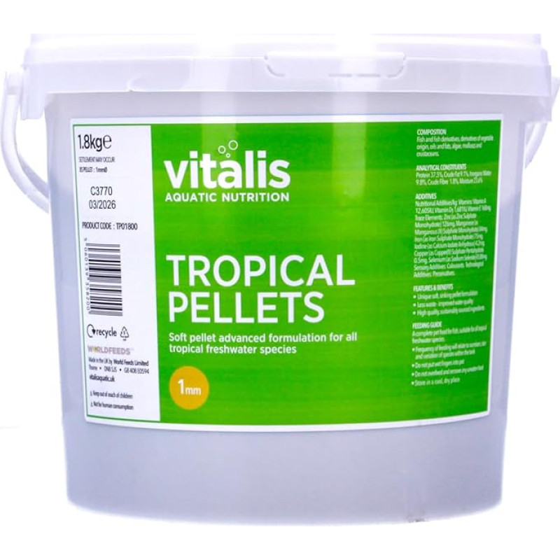 Vitalis Tropical Pellets Fish Food for Aquarium & Pond Complete Food Pellets Food Fish Food Flakes for Tropical Freshwater Fish Healthy & Easy Digestible with Vitamins (1,8 kg)