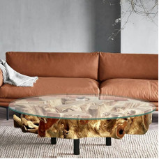 Naga Design Root Wood Coffee Table, 100 cm Glass Top, Handmade, Solid Teak Root, Living Room Table
