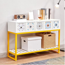 Moderner Konsolentisch, Zweistöckiger Eingangstisch, Massivholz + Metallbeine, Dekoratives Möbelstück für Wohnzimmer, Flur, Schlafzimmer, Büro(112cm/40.1in)