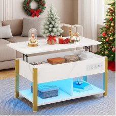 YITAHOME Coffee Table with Lifting Top, Easy to Lift, 2 Tier Storage Space, Height-Adjustable Coffee Table with Hidden Storage Compartment and LED Lighting for Living Room, Office, White Marble