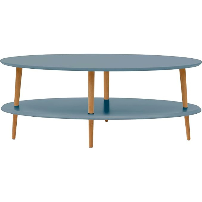 RAGABA OVO žemas kavos staliukas su lentyna, 110 cm pločio x 70 cm gylio, lengvai surenkamas, FSC mediena, balandų mėlyna