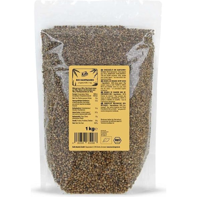 KoRo - ekologiškos nelukštentos kanapių sėklos, 1 kg, be priedų, dažiklių ir kvapiųjų medžiagų, aukštos kokybės augalinių baltymų šaltinis