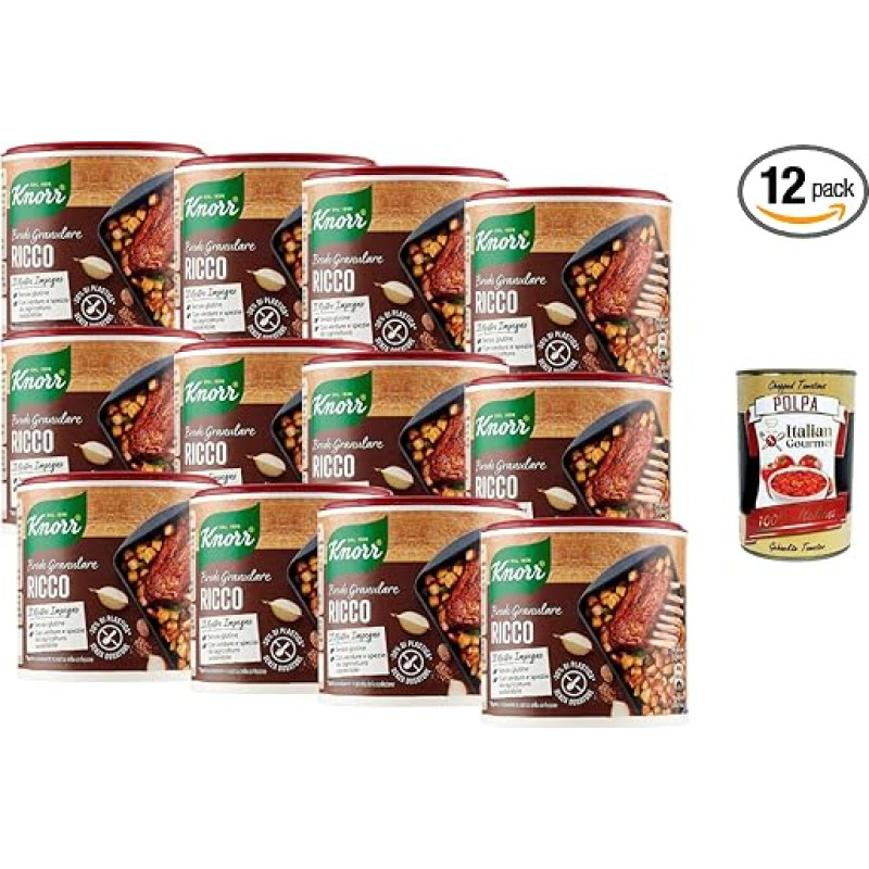 Italian Gourmet Brodo Granulare Ricco 12 x 150 g Strong Granulated Broth Gluten Free for Seasoning Meat Soups Vegetables + Italian Gourmet Polpa