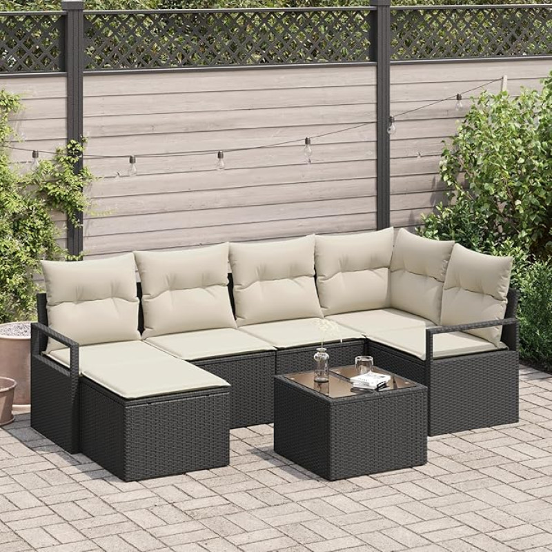 6-teiliges Garten-Sofaset mit Kissen Braun Poly-Rattan, 2-Sitzer Garten-Sofa mit Kissen Schwarz Poly-Rattan Gartenlounge Modelis3346457