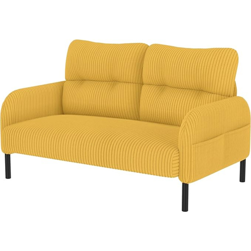 Modulinis aksomo virvės sofos komplektas 2 ergonomiškiems foteliams ir osmanui su šonine kišene, tvirtas metalinis / medinis rėmas, puikiai tinka svetainei ir mažiems butams (geltonas)