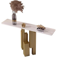 Konsolinis staliukas Šiuolaikinis konsolinis staliukas, įėjimo staliukas, sofos staliukas iš dirbtinio marmuro, fojė staliukas iš dirbtinio marmuro, skirtas įėjimo zonai, akcento staliukas svetainėje (spalva: balta+aukso,