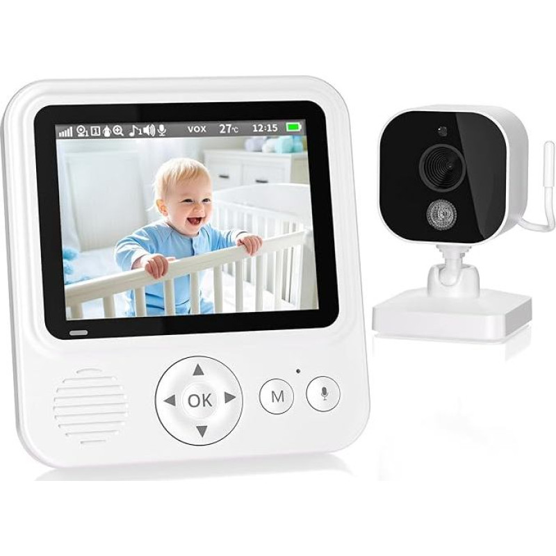BURNNOVE Kūdikių monitorius su kamera 720P IPS vaizdo monitorius be WLAN 2000 mAh baterija VOX režimas Naktinio matymo režimas Temperatūros signalas Intercom funkcija Skaitmeninis priartinimas 8 lopšinės ir 5 žadintuvai