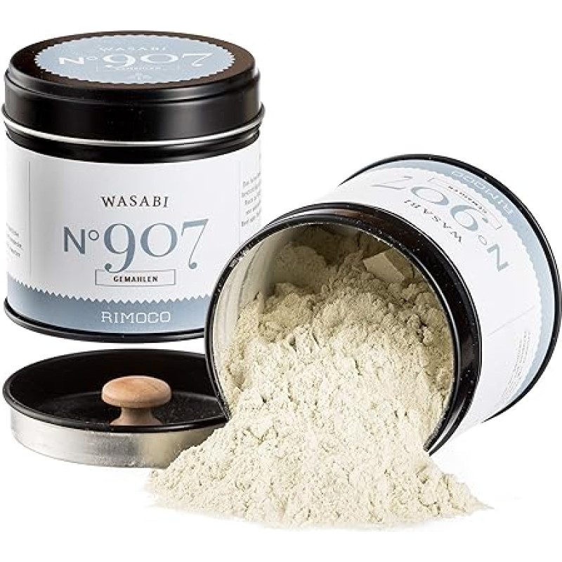 Rimoco N°907 Wasabi milteliai, smulkiai sumalta tikra Wasabi šaknis (100% Wasabia Japonica), Wasabi milteliai, skirti Wasabi pastos gamybai, 40 g, elegantiškame prieskonių indelyje su aromatiniu dangteliu