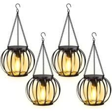 Saulės žibintai, skirti kabinti lauke, 4 metalinių saulės žibintų pakuotė su didele LED lempa, IP65 vandeniui atsparūs saulės žibintai, sodo dekoracijos su kabliu ir grandine, skirti terasai, vejai