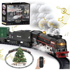 Christmas Remote Control Electric Train Toy Set, 3 Smoke Outlets, Light & Sound, Locomotive, Carriage, Remote Control, Rails, Decoration Under the Christmas Tree, Gift for Children from 3 Years