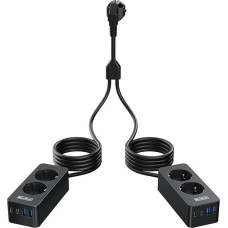 Dvigubas maitinimo elementas su 2 x 2 m kabeliu, daugiafunkcinis lizdas su 2 kintamosios srovės lizdais, 2 USB-A ir 2 USB-C iš kiekvienos pusės, plokščias lizdas be apšvietimo, idealiai tinka namams ir biurui