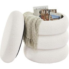 SONGMICS LOM015WD01 Makiažo taburetė, taburetė su laikymo vieta, apvali taburetė, minkšta taburetė, pakojis, nuimamas dangtis, svetainė, miegamasis, prieškambaris, lengvai surenkama, 43 x 47 cm, vilna, balta