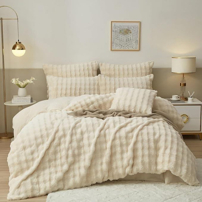 Luofanfei Žiemos pliušinė patalynė 135 x 200 cm kreminė smėlio spalvos balta minkšta pūkuota šilta flanelinė patalynė Žiemos patalynės komplektas Žiemos patalynės komplektas Mikropluošto vilnos antklodės užvalkalas ir pagalvės užvalkalas 80 x 80 cm su užt