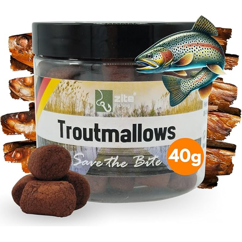 Zite Fishing Trout Mallows masalas upėtakiams, gerai gaudantis upėtakius, stiprus skonis ir ryškios spalvos, 40 g tūbelė, masalas upėtakiams, pagrindinis surinkimas, natūralus masalas