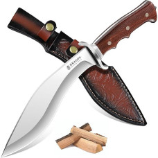 Dragon Creek Kukri lauko išgyvenimo peilis, didelis fiksuotas peilis su medine rankena ir odiniu dėklu, aštrus stovyklavimo ir trekingo peilis