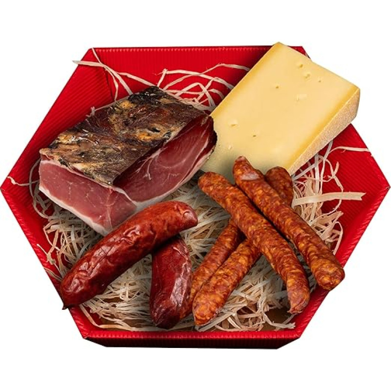 WURSTBARON® Bergsteiger užkandžių paketas su Pietų Irolietiška šonine, dovanų krepšelis su sūriu, delikatesų rinkinys su židinio šaknimis ir pipirų kąsneliais