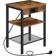 HOOBRO EBF112CBZ01 Šoninis staliukas su kištukiniu lizdu, nedidelis šoninis staliukas, 2 USB lizdai, 3 lentynos, staliukas svetainei, miegamajam, 38 x 28 x 55 cm, senovinės rudos spalvos
